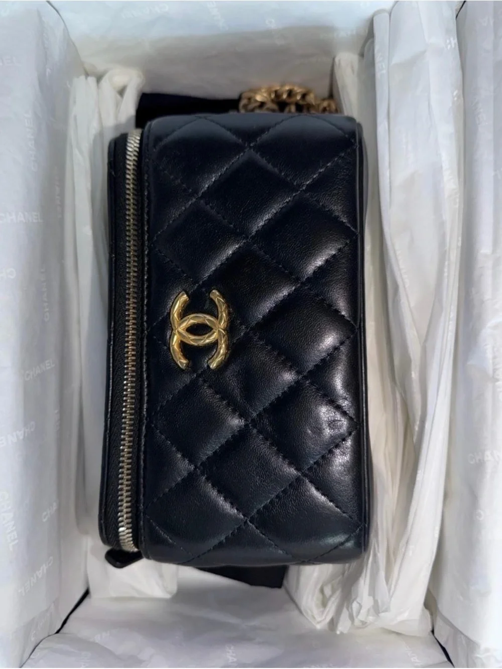 CHANEL Black Quilted Leather Crossbody with Gold CC Hardware